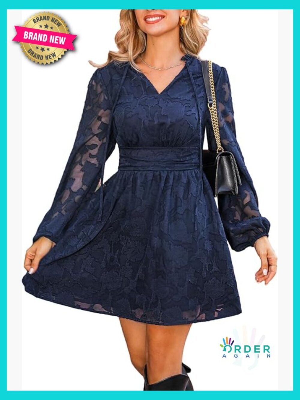 Mini Dress Casual Floral Lace Tie Neck Long Lantern Sleeve A-Line Flowy